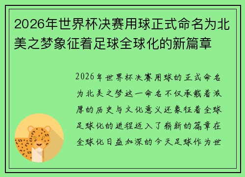 2026年世界杯决赛用球正式命名为北美之梦象征着足球全球化的新篇章 2026年世界杯决赛用球正式命名为北美之梦象征着足球全球化的新篇章