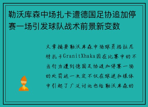 勒沃库森中场扎卡遭德国足协追加停赛一场引发球队战术前景新变数